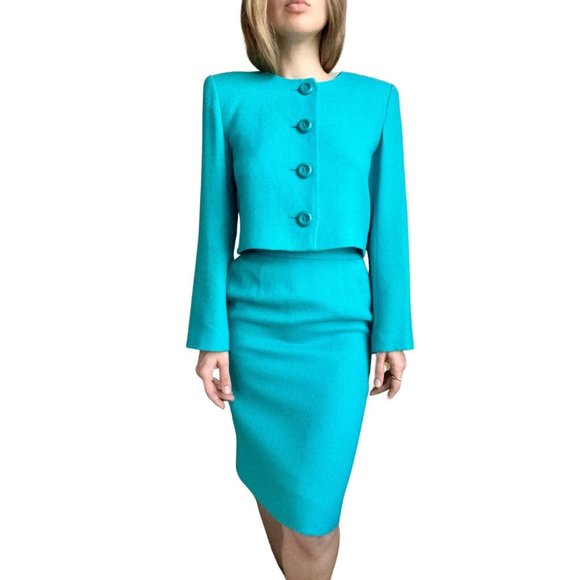 Yves Saint Laurent Vintage Size Small 0 Teal Blue Jacket Skirt - Picture 1 of 15